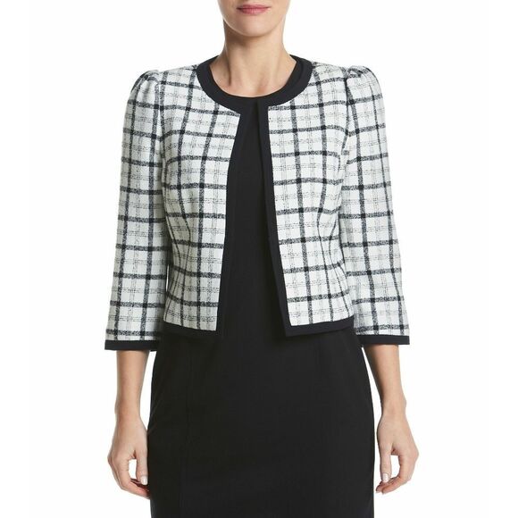 New! NINE WEST Women's Plaid Cropped Jacket Blazer Size 2 Ivory/Black - Picture 1 of 6